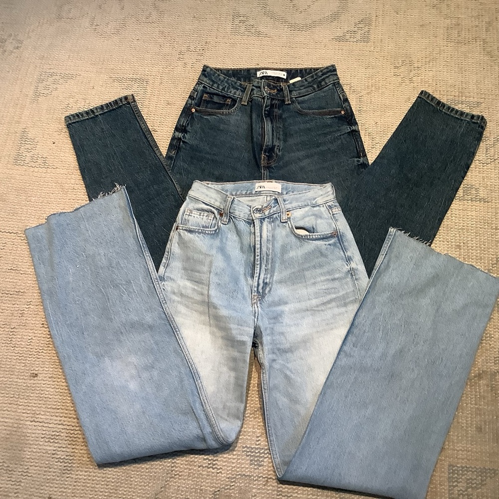 Pair of Zara Women's Straight Leg Jeans in Dark and Light Blue